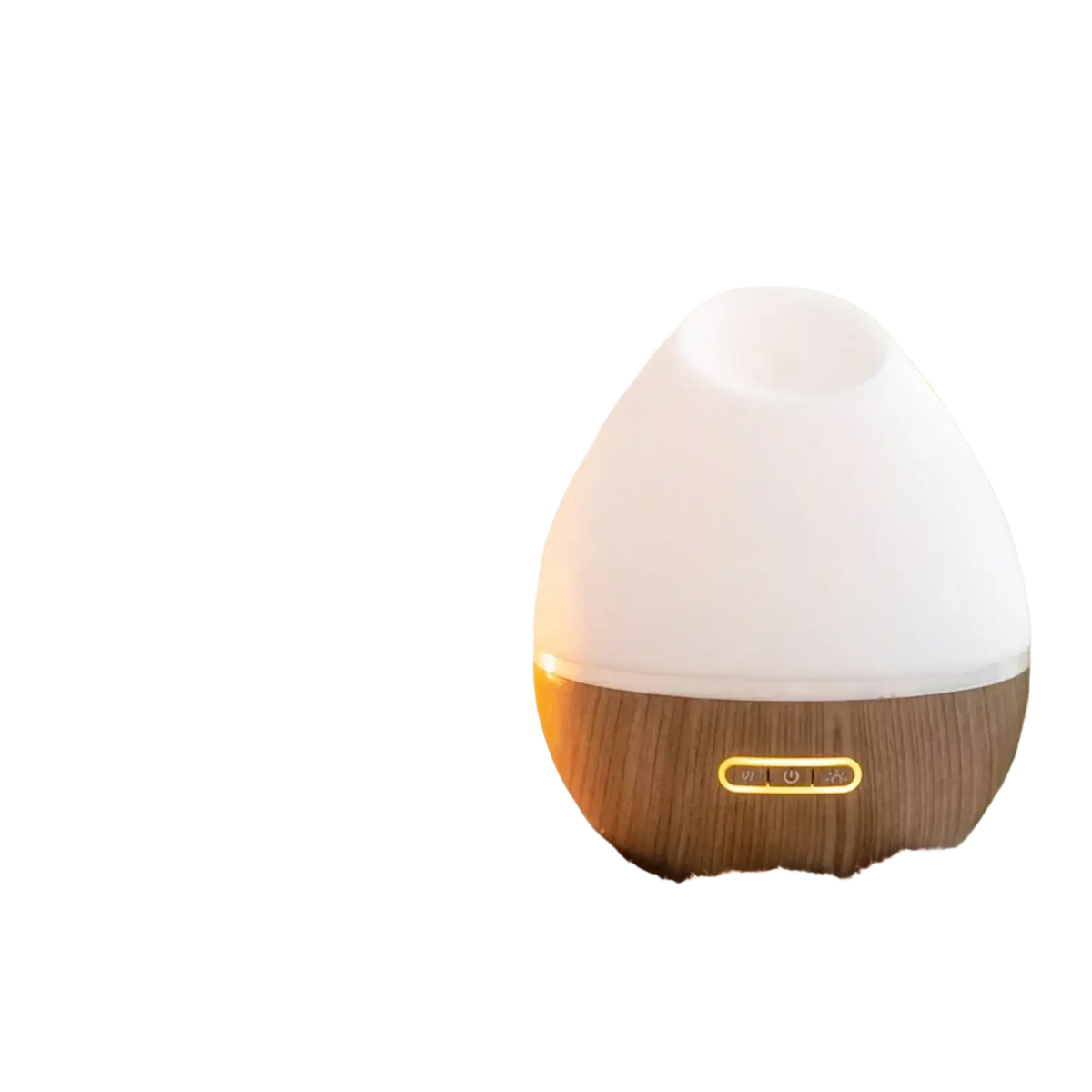 A sleek white and wood-grain euqee essential oils aromatherapy diffuser with rounded top and control panel for essential oil use
