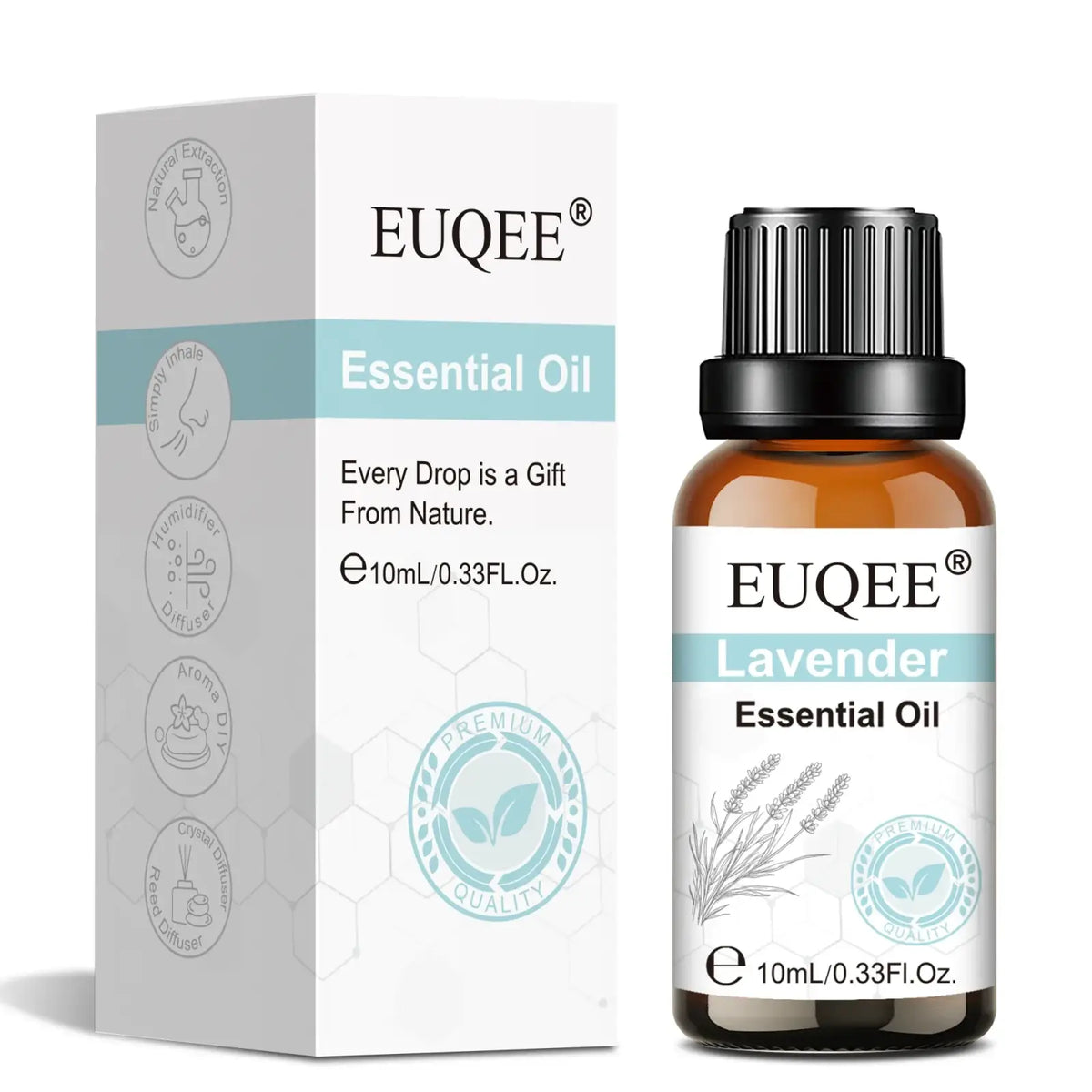 Euqee lavender essential oil 10ml amber glass bottle with black ribbed cap and white botanical label for aromatherapy
