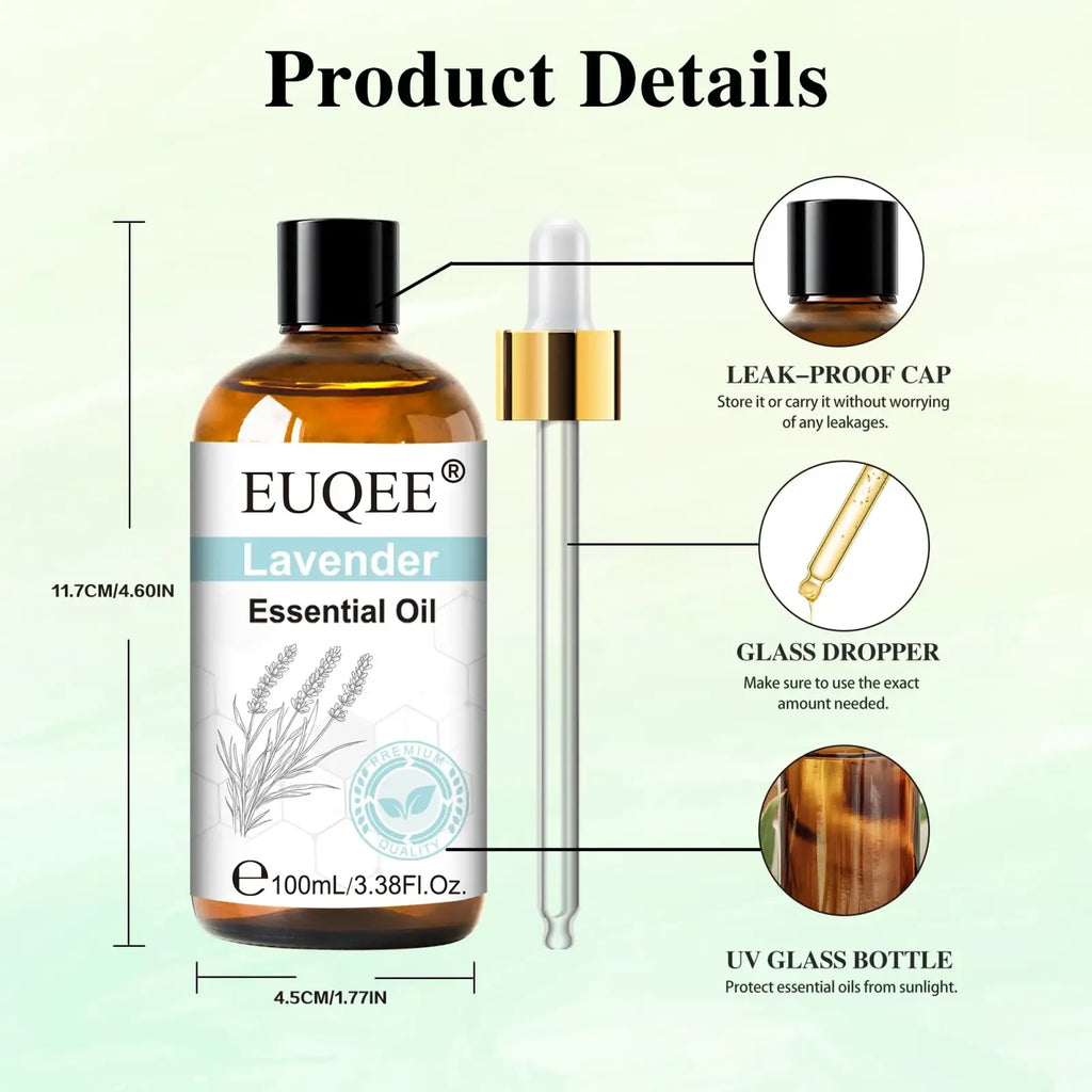 Euqee lavender essential oil 100ml in amber glass bottle with black leak-proof cap and gold-rimmed dropper for aromatherapy