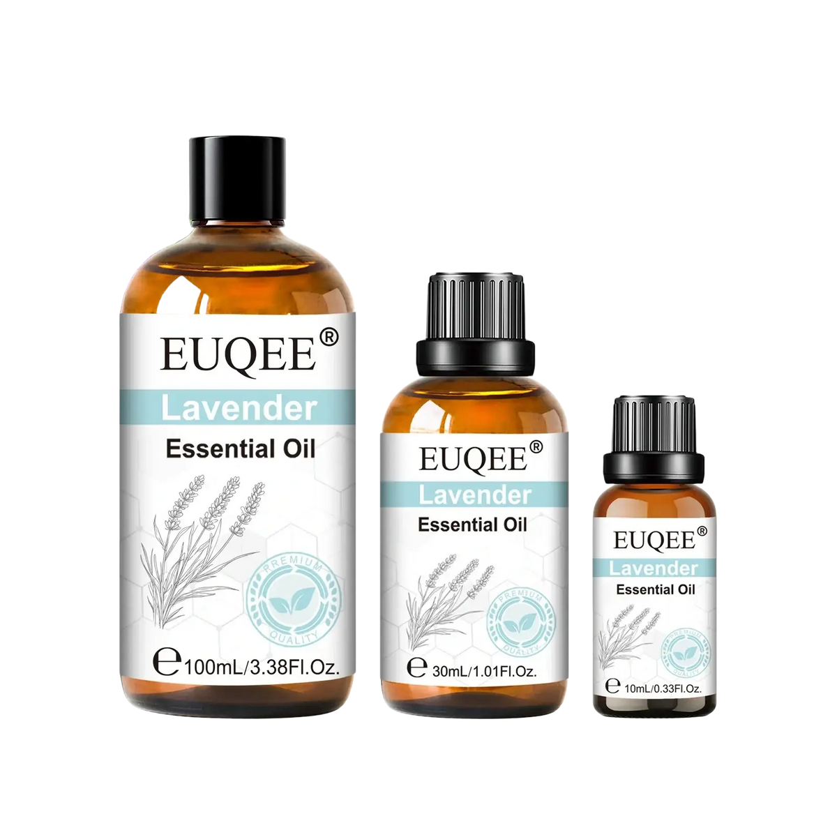 Three amber glass bottles of euqee lavender essential oil with black caps and white lavender labels in 10ml 30ml 100ml sizes