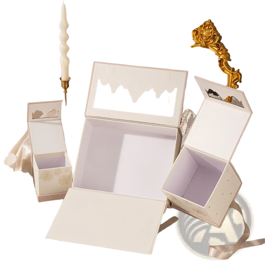 Elegant white European style wedding gift box with gold foil accents and a mountain-shaped cutout lid for candy packaging