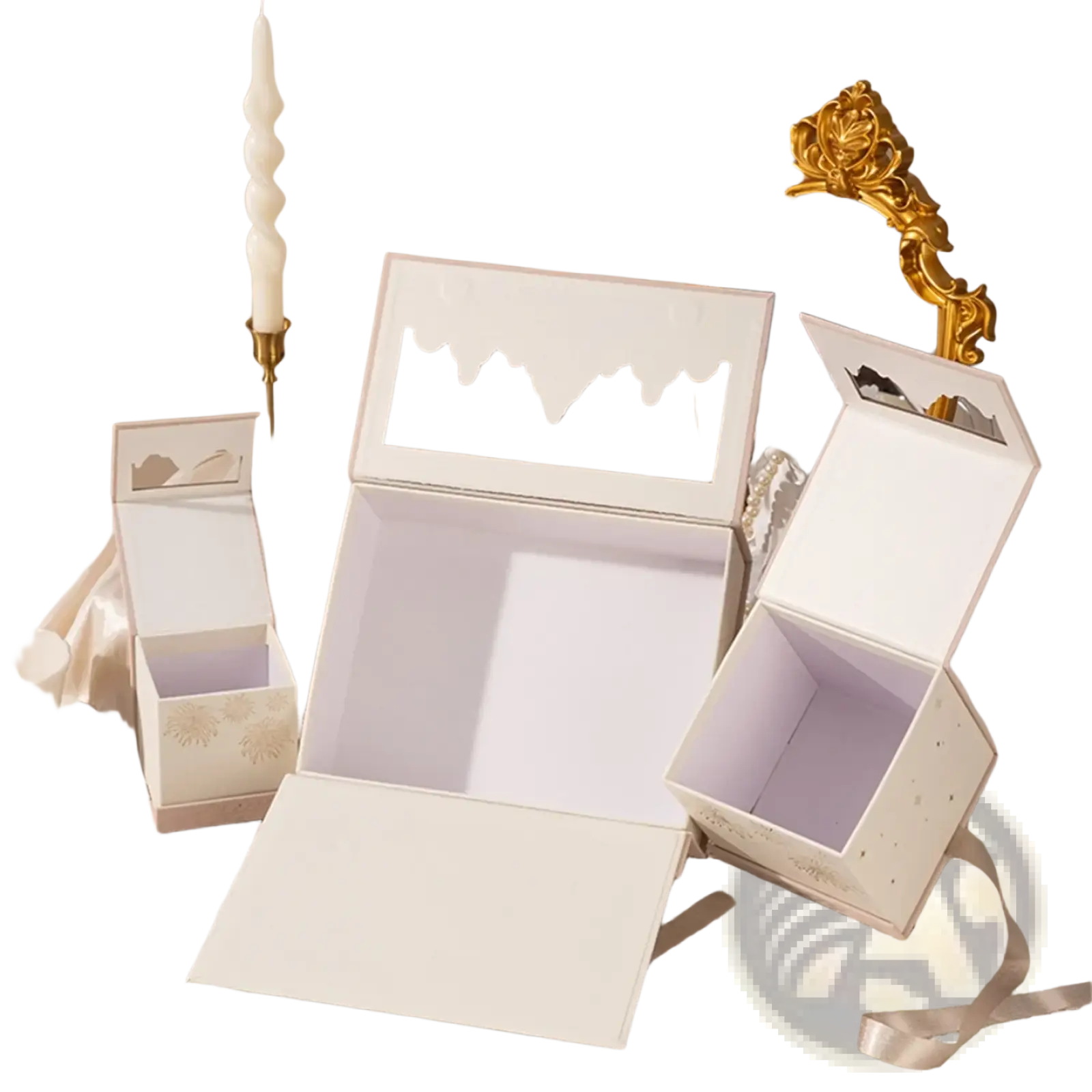 Elegant white European style wedding gift box with gold foil accents and a mountain-shaped cutout lid for candy packaging