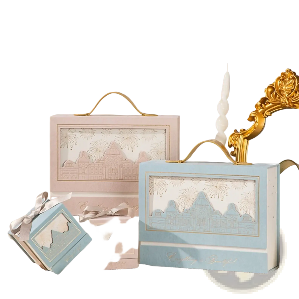 European style wedding gift box candy packaging in pastel blue and pink with gold handles and intricate cityscape cutouts