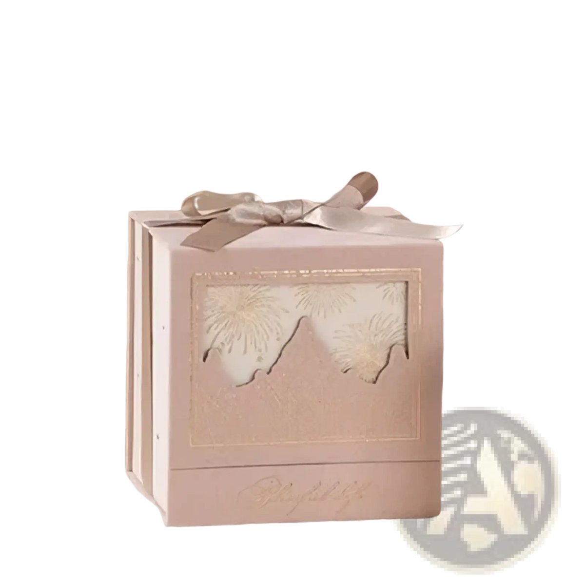 European style wedding gift box candy packaging in blush pink with gold-embossed mountain design and satin ribbon