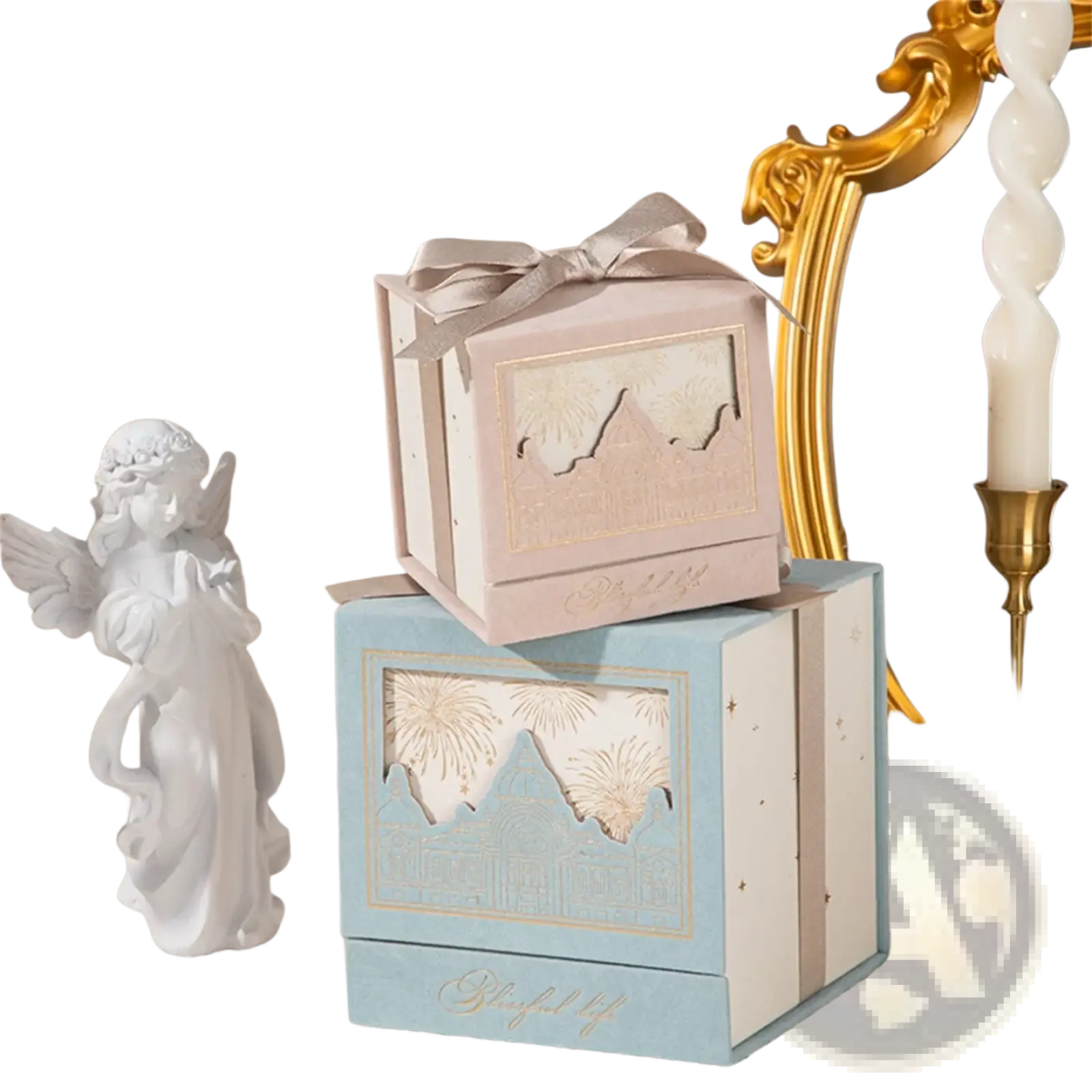 Two elegant square European style wedding gift box candy packaging with pastel pink and blue mountain and fireworks designs