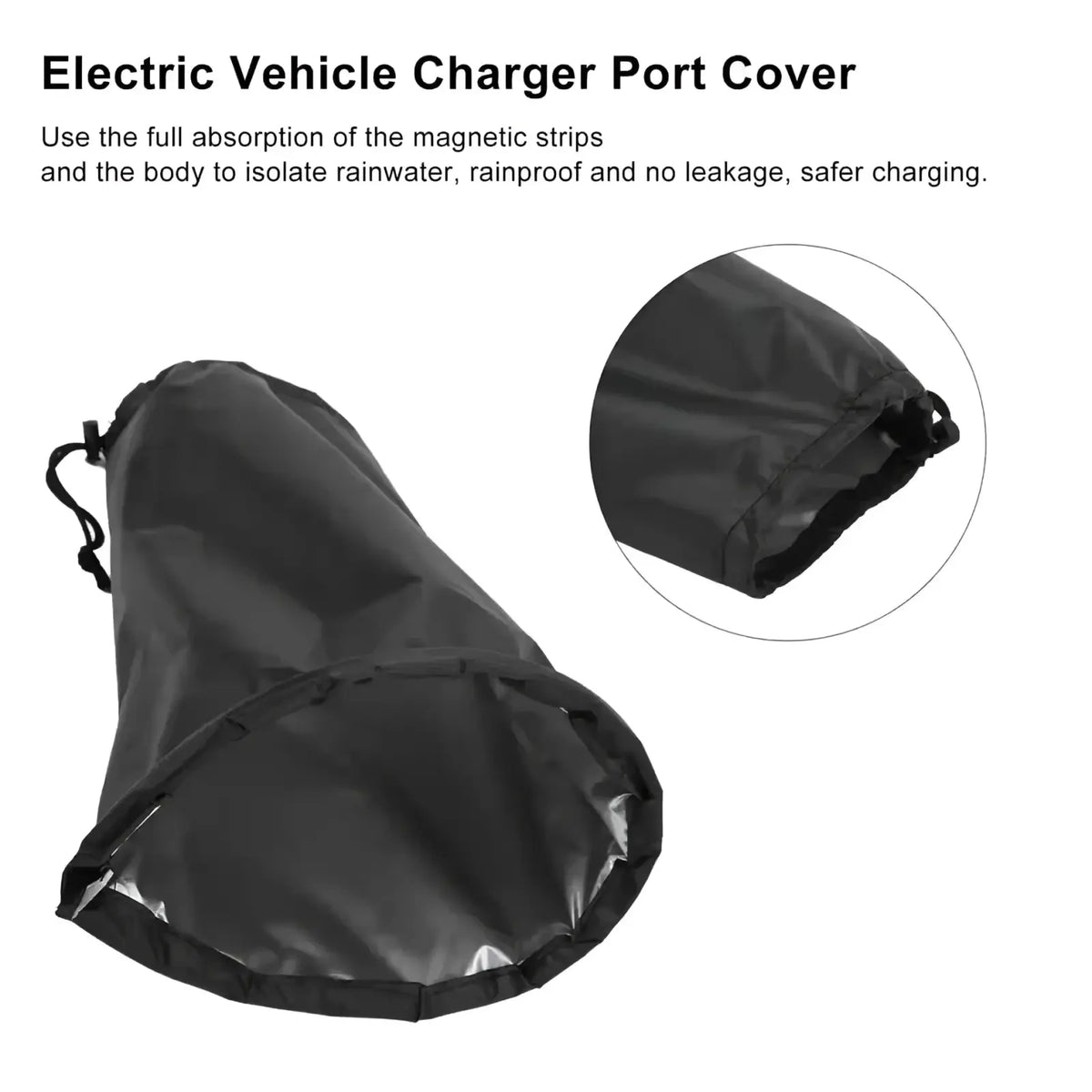 Black waterproof port cover for ev chargers made of durable fabric with drawstring closure for secure protection