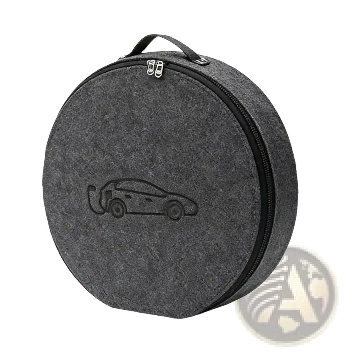Gray felt circular ev charging cable storage bag with black zipper handle and embroidered electric vehicle design