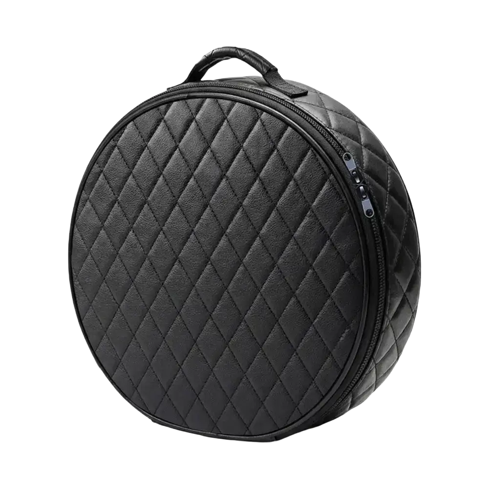 Black quilted leather round ev charging cable storage bag with top handle and zipper closure for car organization