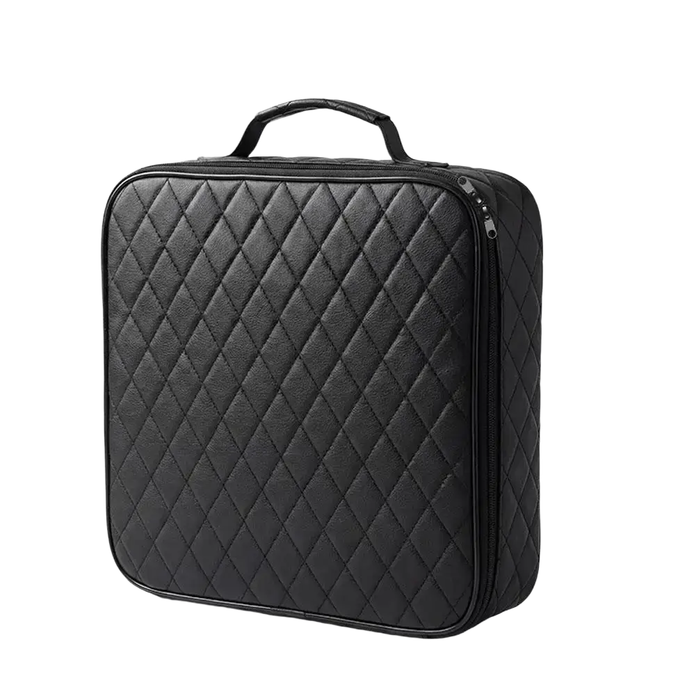 Black quilted leather ev charging cable storage bag with top handle and zipper closure for car organization