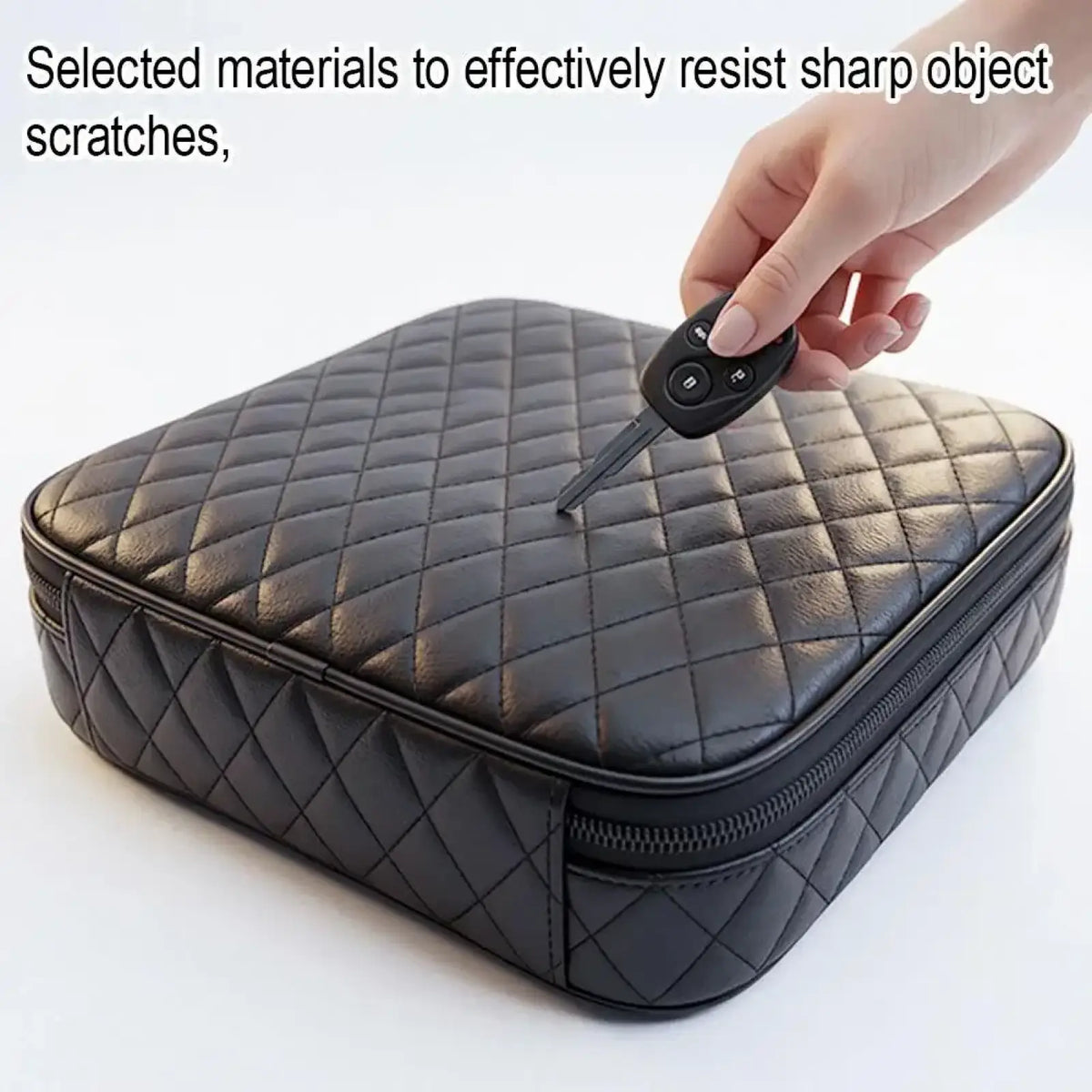 Black quilted leather ev charging cable storage bag with zipper closure for car organization and travel use