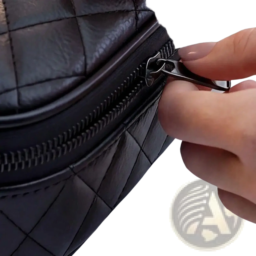 Black quilted leather ev charging cable storage bag with metallic zipper pull for car organization