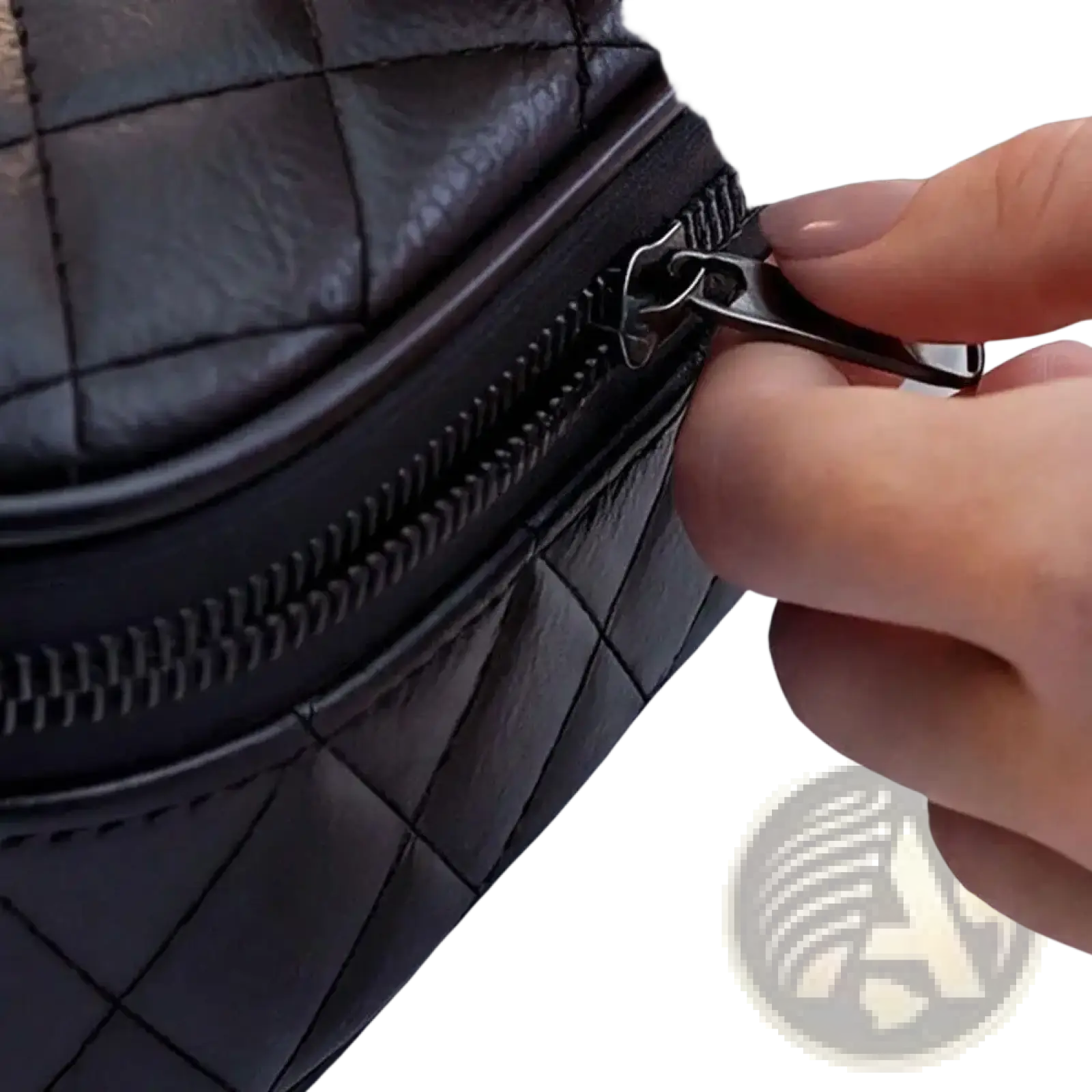 Black quilted leather ev charging cable storage bag with metallic zipper pull for car organization