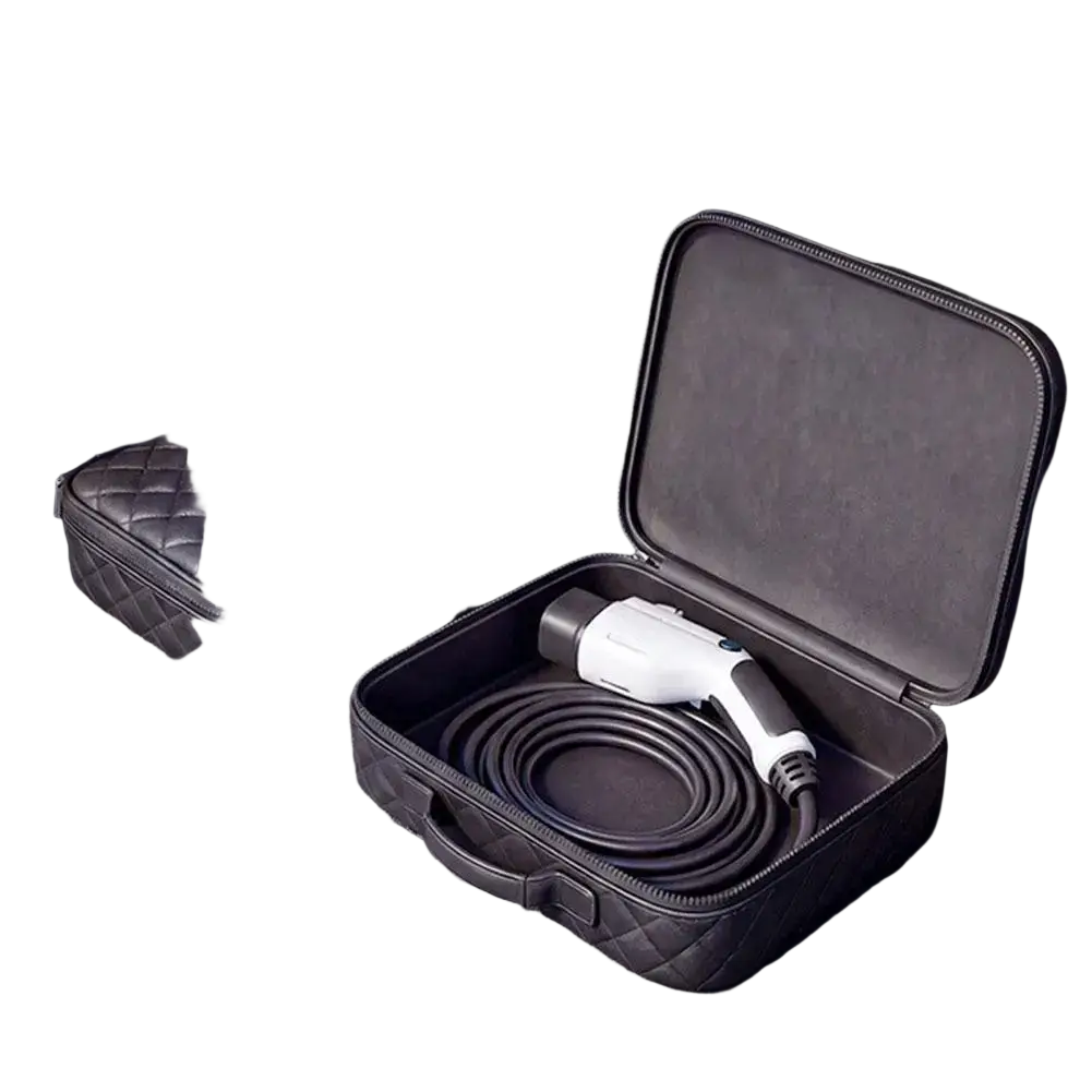 Black quilted leather ev charging cable and adapter set in a matching storage bag for organized car charging
