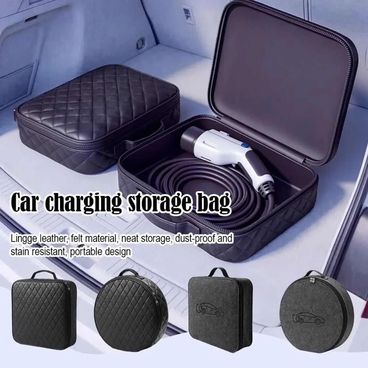Black quilted lingge leather ev charging cable storage bag with felt interior for organized car charger protection