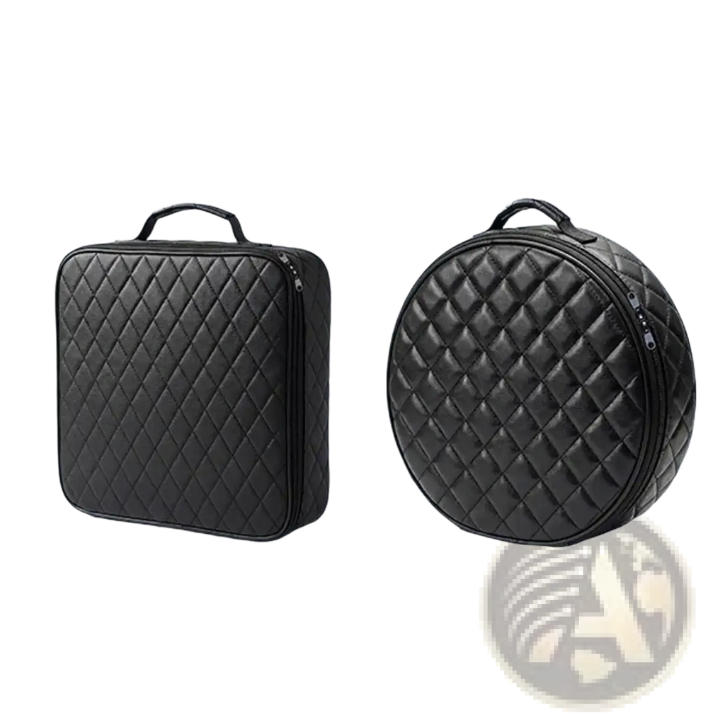 Black quilted leather ev charging cable storage bag with diamond-stitched pattern and top handle car organizer
