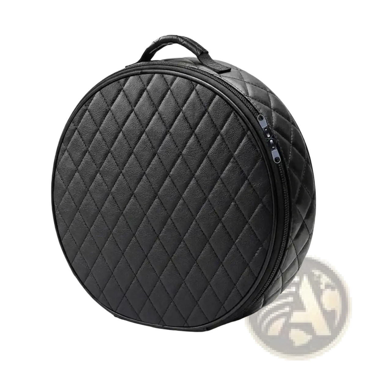 Black quilted leather round ev charging cable storage bag with top handle and zipper closure for car organization