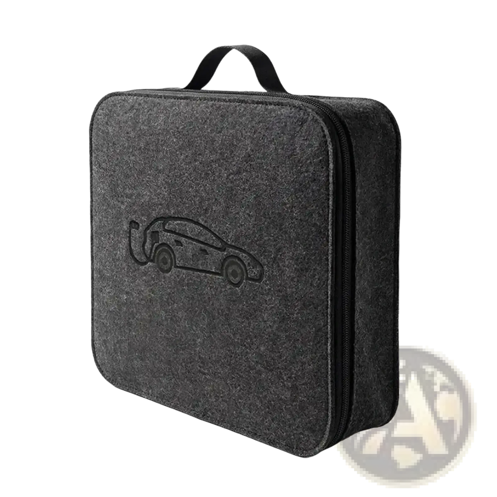Dark gray felt ev charging cable storage bag with subtle embroidered electric vehicle design and quilted leather accents