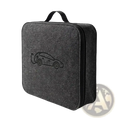 Dark gray felt ev charging cable storage bag with subtle embroidered electric vehicle design and quilted leather accents