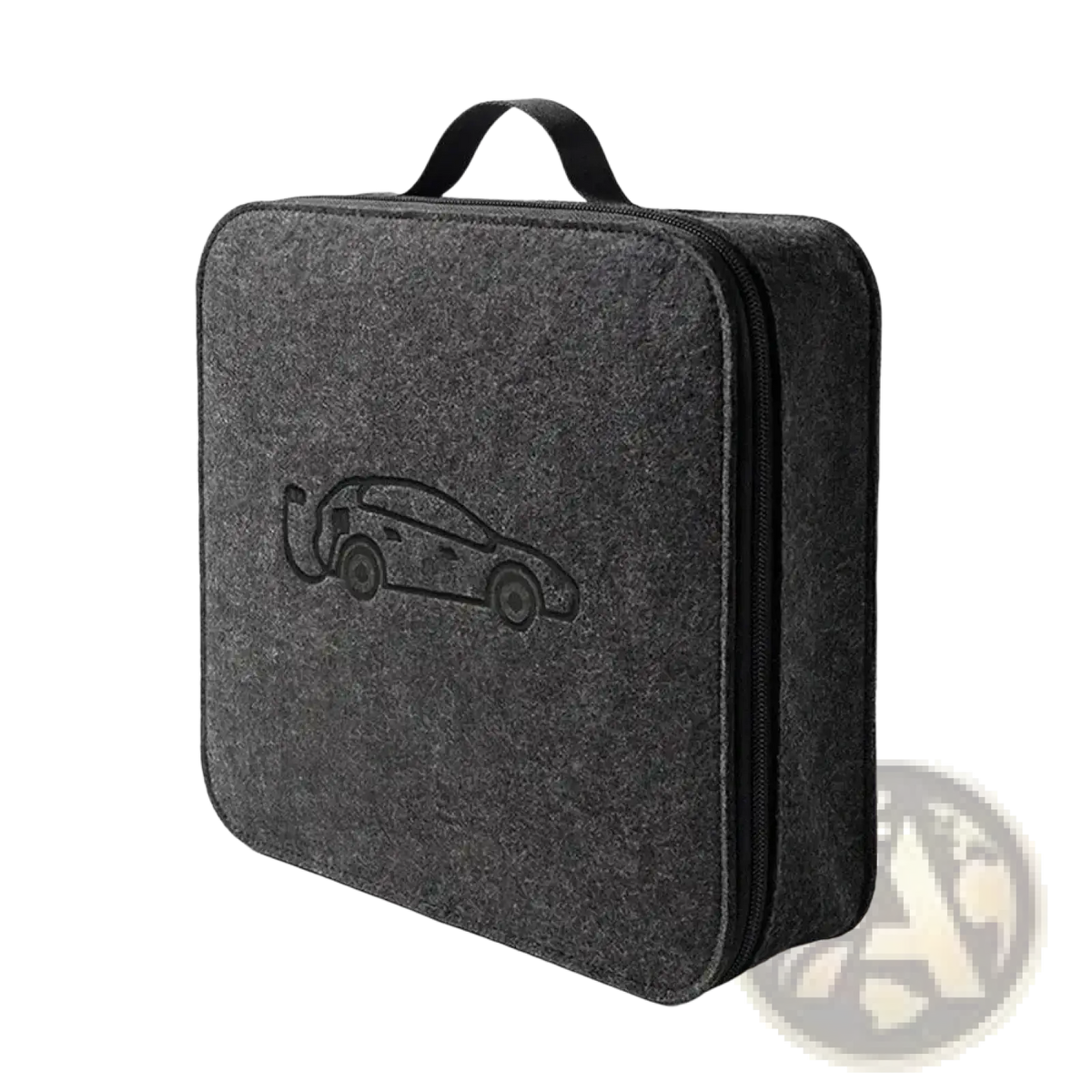 Dark gray felt ev charging cable storage bag with subtle embroidered electric vehicle design and quilted leather accents