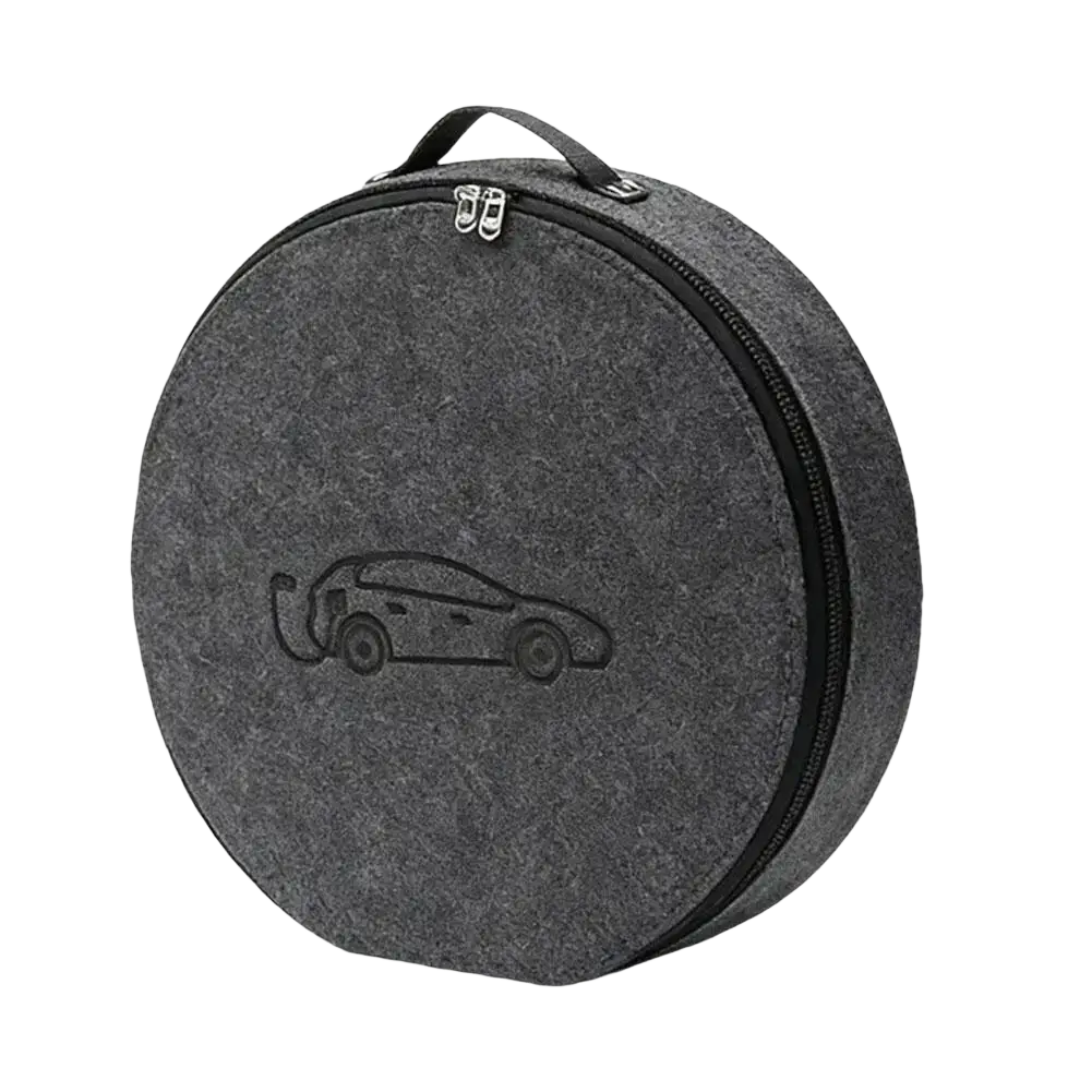 Gray felt circular ev charging cable storage bag with black zipper handle and embroidered electric vehicle design