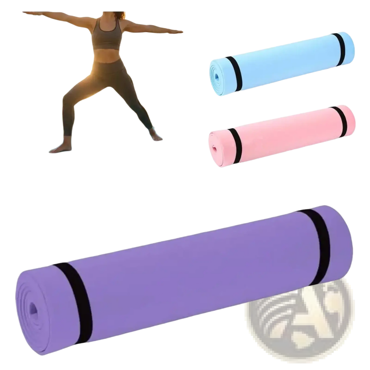 Eva exercise yoga mat foldable fitness pad purple eva material with black straps shown rolled and unrolled on grass