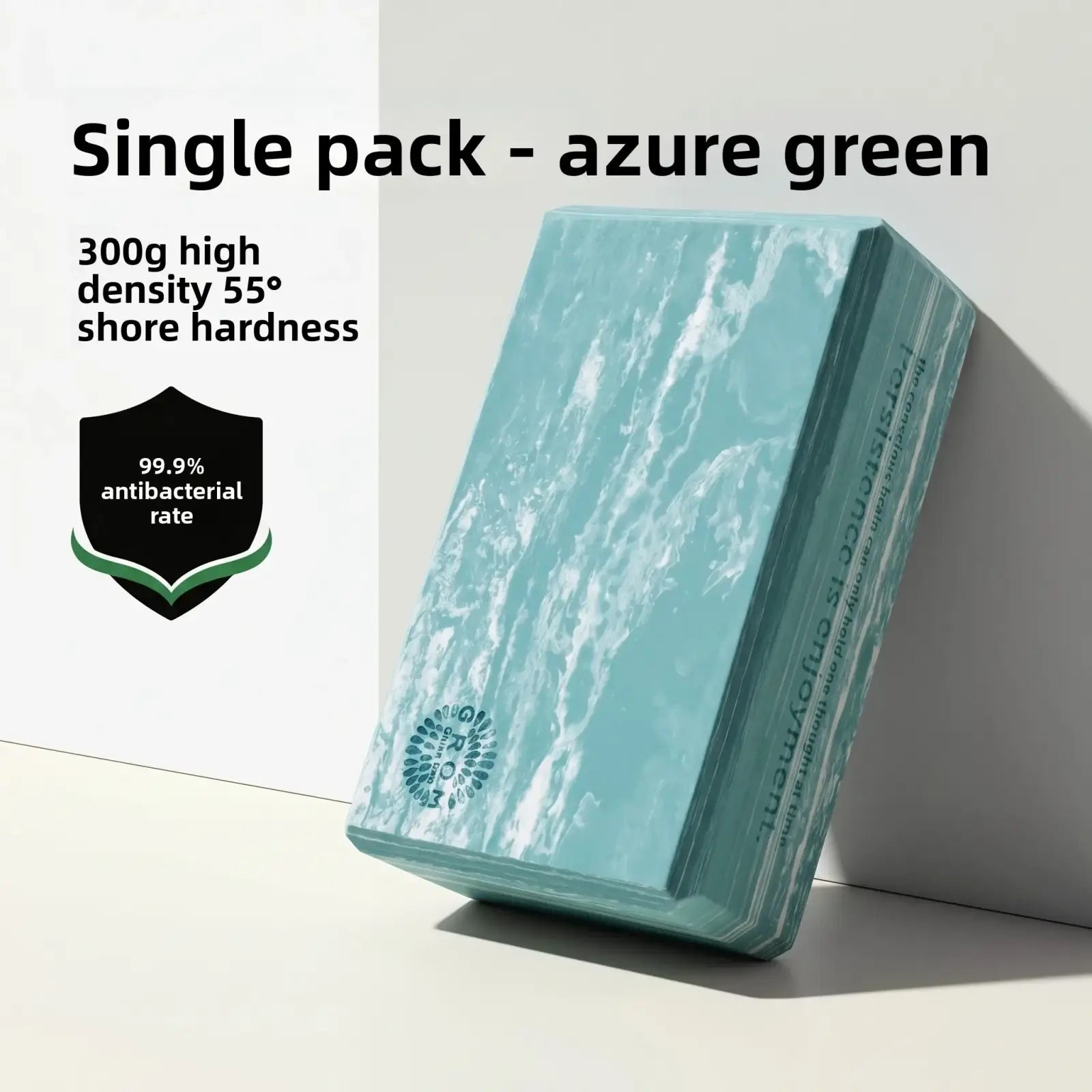 Azure green eva foam yoga block with marble texture and printed branding for non slip pilates and yoga mat use