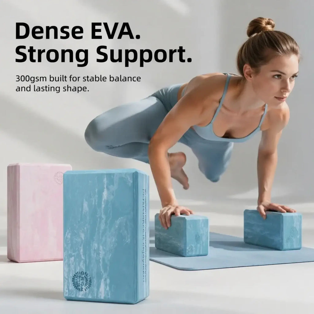 Eva foam yoga mat with dense blue and pink marbled eva blocks for strong non slip support during pilates exercises