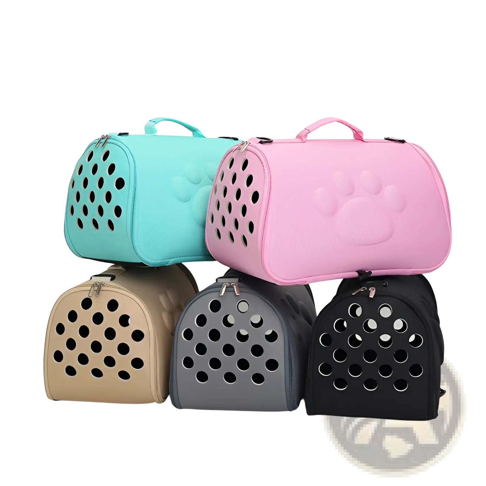 Eva folding pet carrier bag in pink with paw prints features circular ventilation holes and a top handle for easy carrying