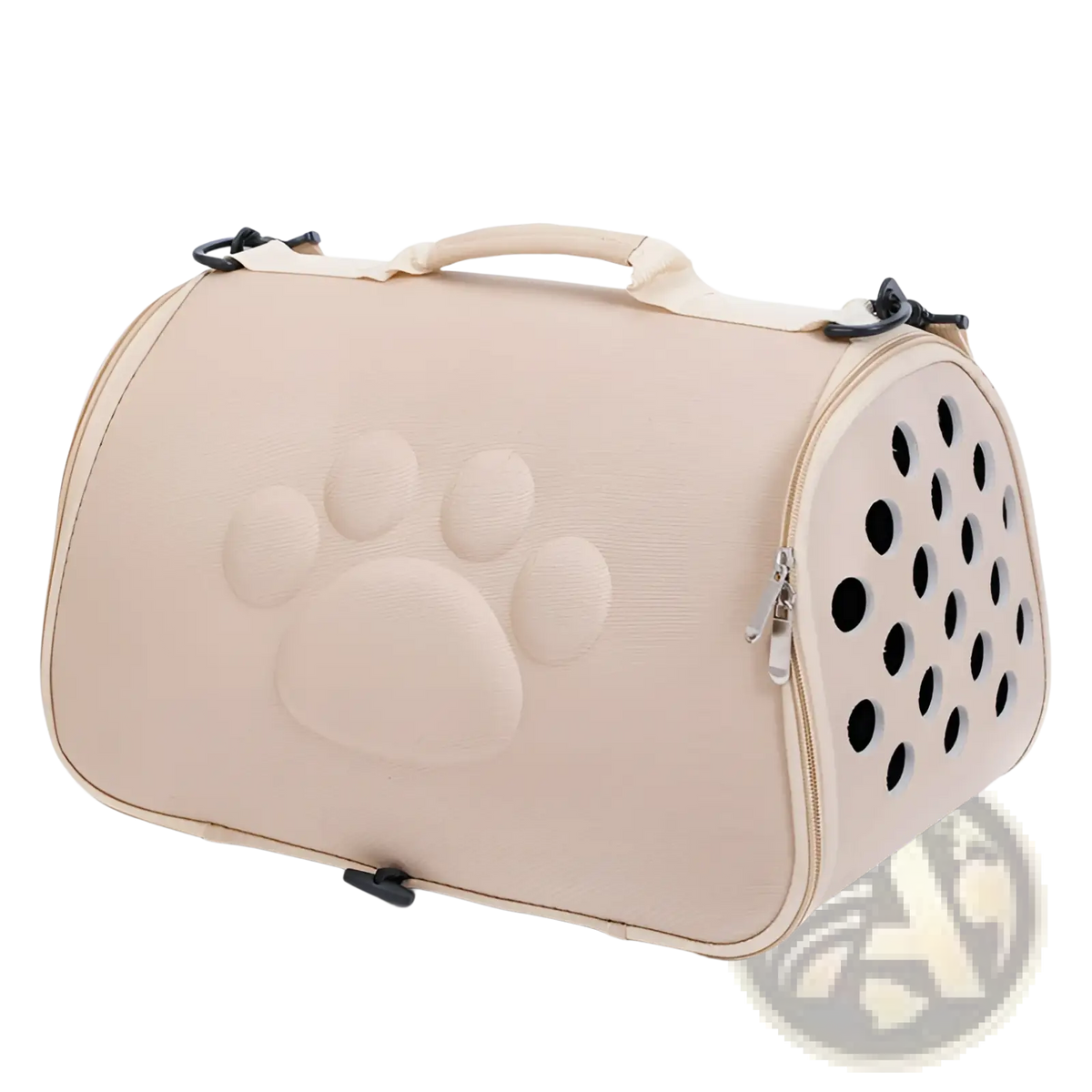 Beige eva folding pet carrier bag with a raised paw print design and circular ventilation holes visible on the back side