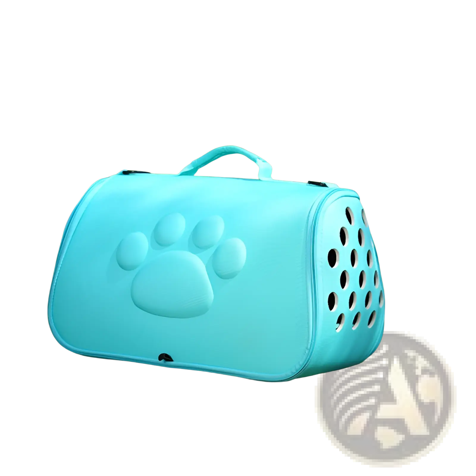 Eva folding pet carrier bag in light blue with raised paw print design and circular ventilation holes on the back side