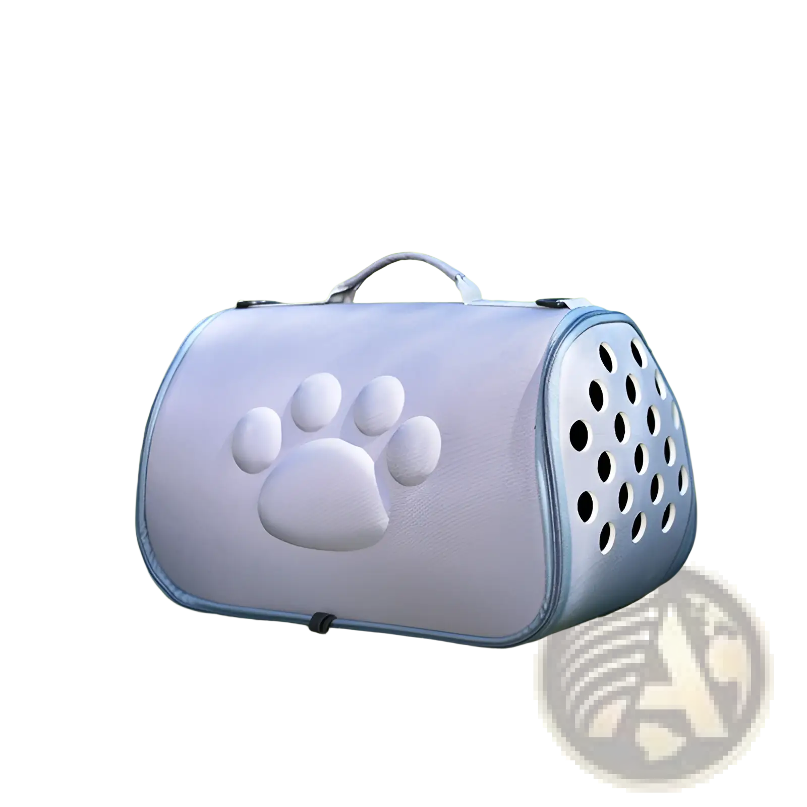 Gray eva folding pet carrier bag with raised paw print design and circular ventilation holes visible on the back side