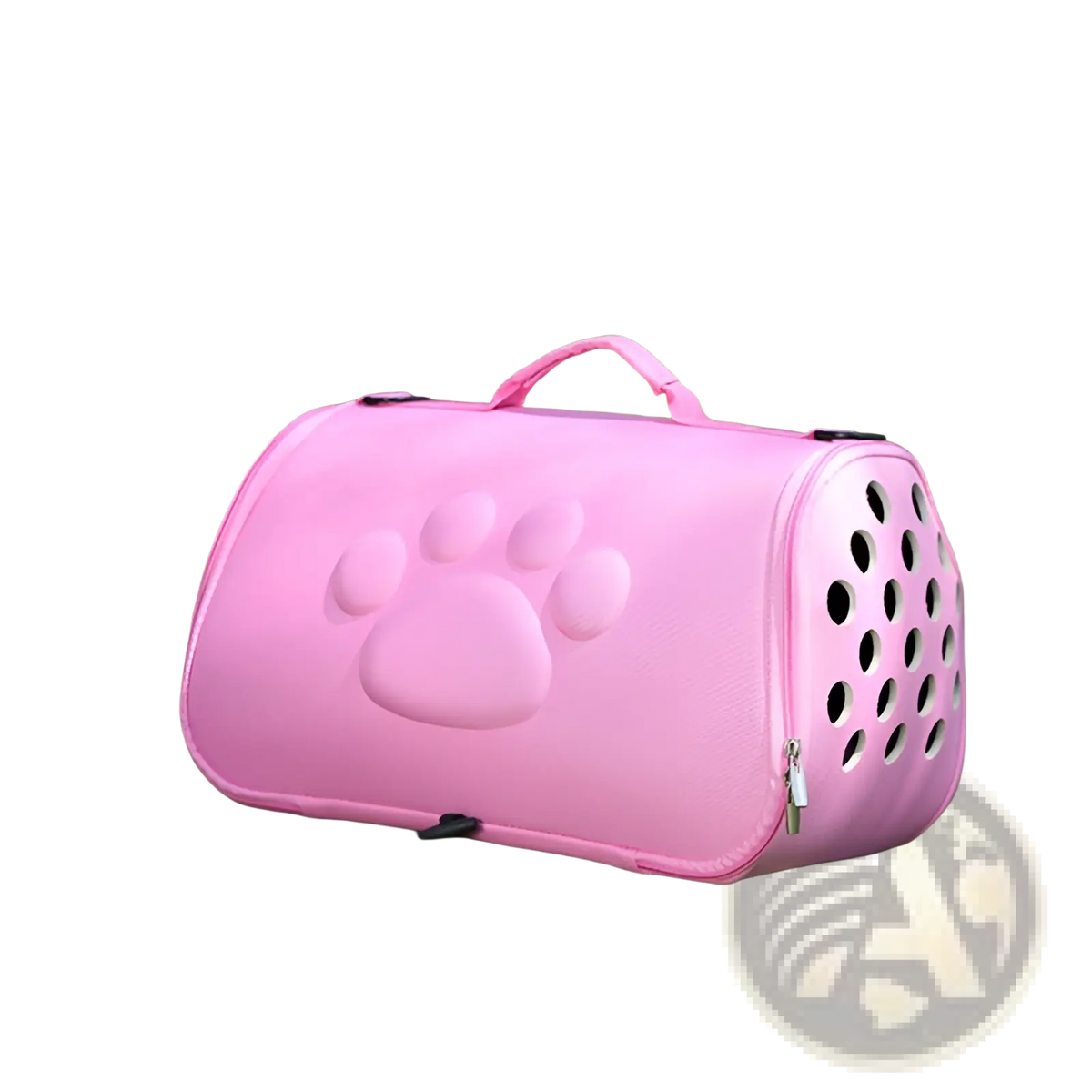 Pink eva folding pet carrier bag with raised paw print design and circular ventilation holes on the back side