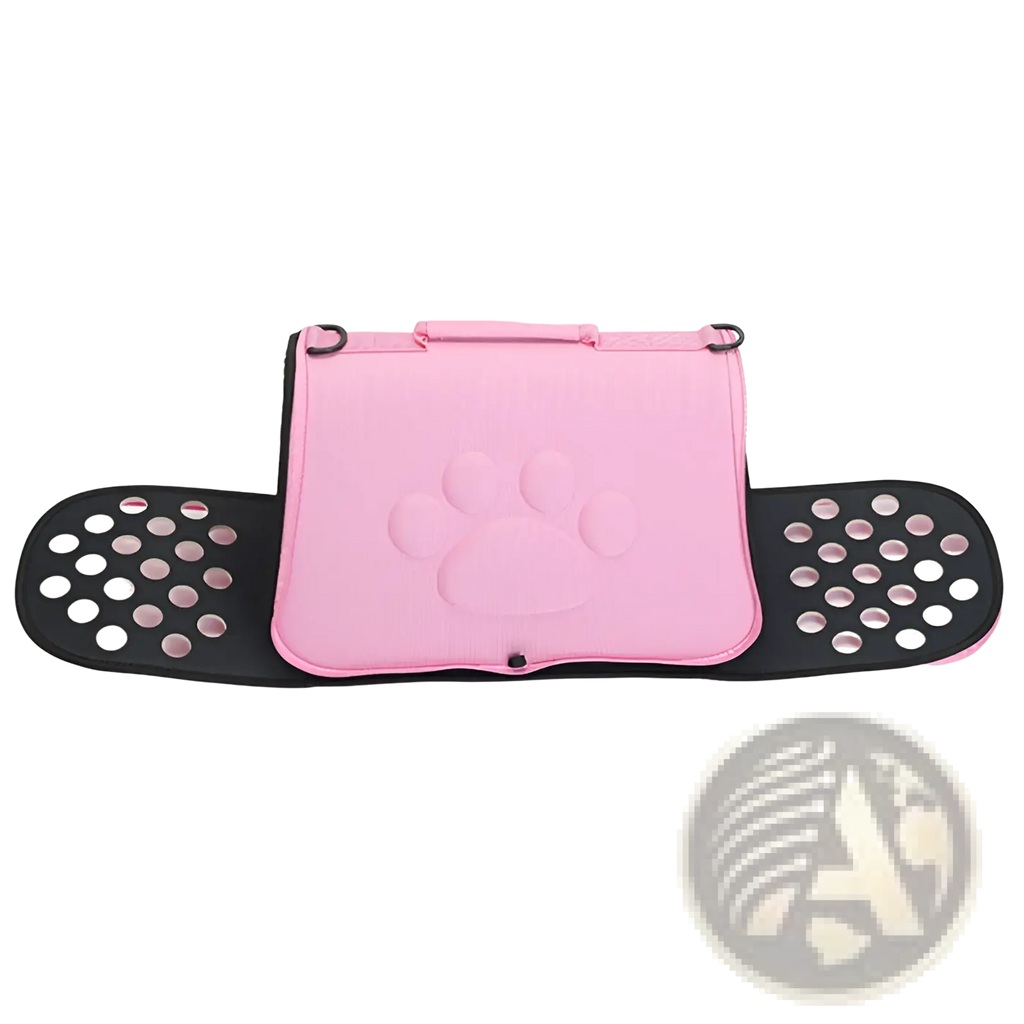 Eva folding pet carrier bag in pink with paw prints and black perforated side panels for ventilation