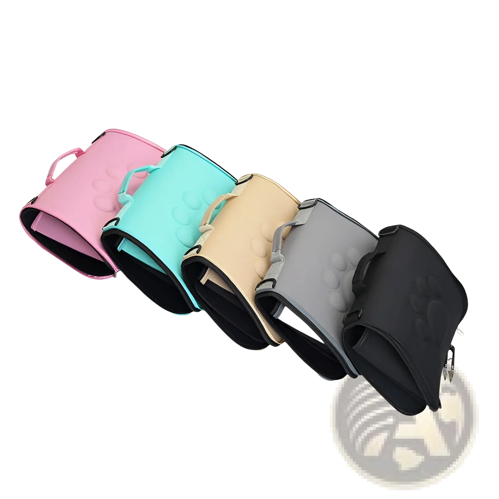 Eva folding pet carrier bag with a set of five colorful soft silicone massage wristbands in pink teal beige gray and black