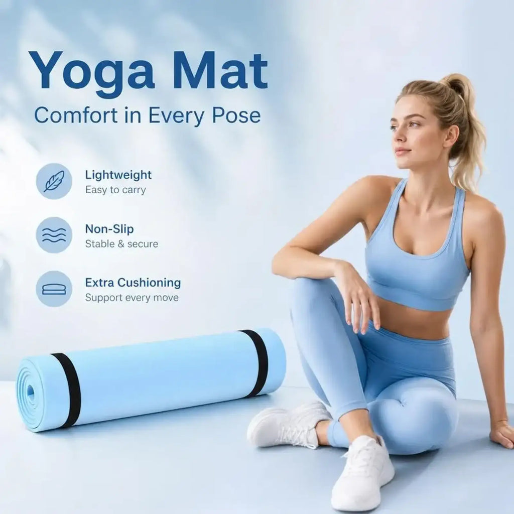 Light blue Eva non-slip portable yoga mat with black edge straps rolled and ready for fitness exercise use