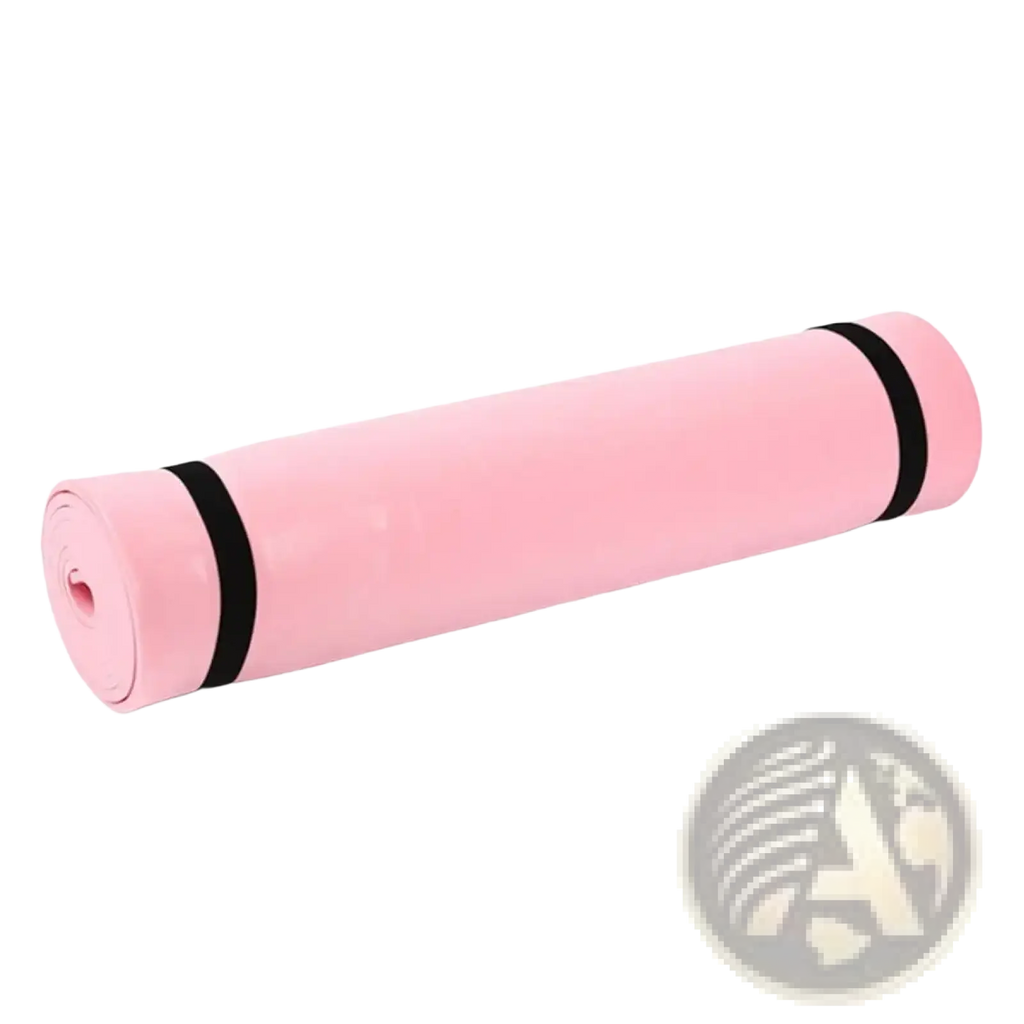 Eva non-slip portable yoga mat in pink with black elastic straps designed for fitness and exercise use