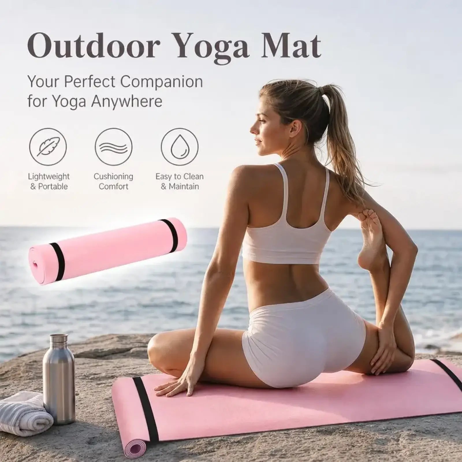 Pink Eva non-slip portable yoga mat with black edge strips designed for fitness and exercise use outdoors