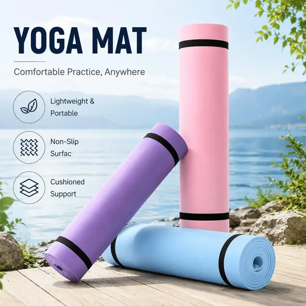 Eva non-slip portable yoga mats in pink purple and blue with black straps for fitness exercise use