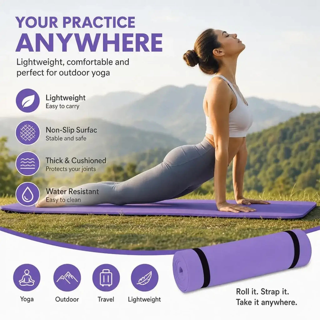 Eva non-slip portable yoga mat in purple with black straps made of eva foam for lightweight outdoor fitness use