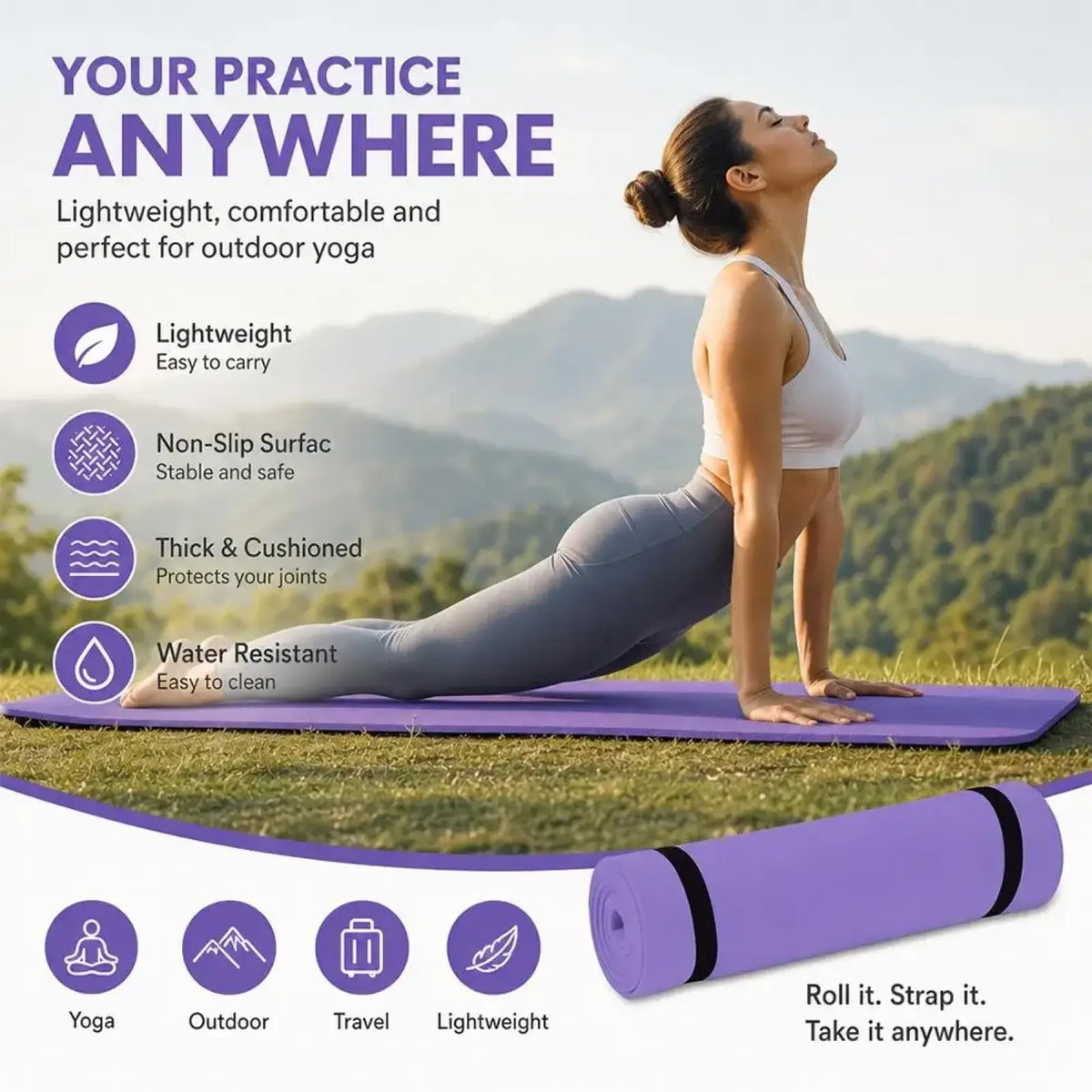 Eva non-slip portable yoga mat in purple with black straps made of eva foam for lightweight outdoor fitness use