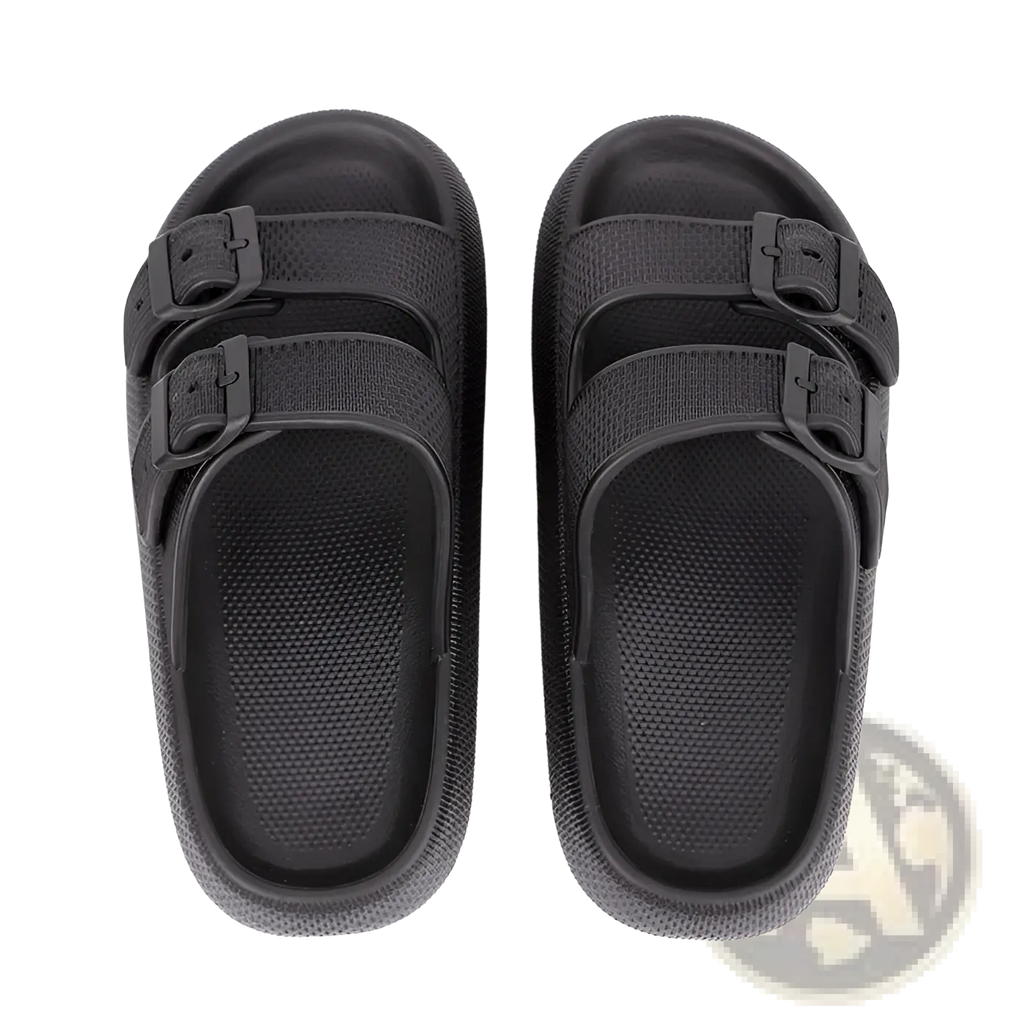 Black eva platform buckle sandals with two adjustable straps breathable rubber thick sole slippers