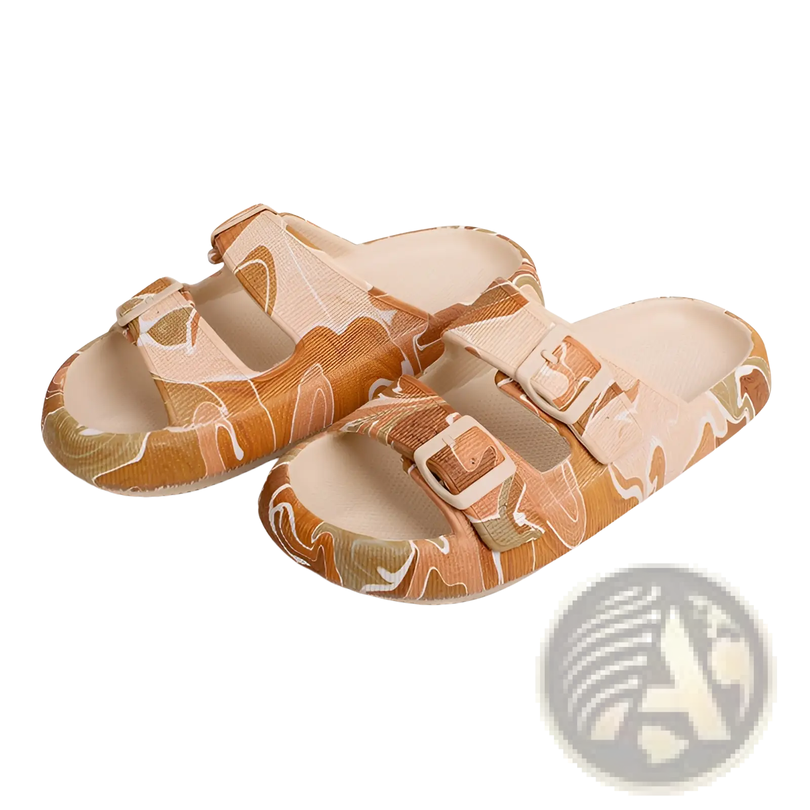 Pair of beige and orange eva platform buckle sandals with breathable thick sole and adjustable strap buckles