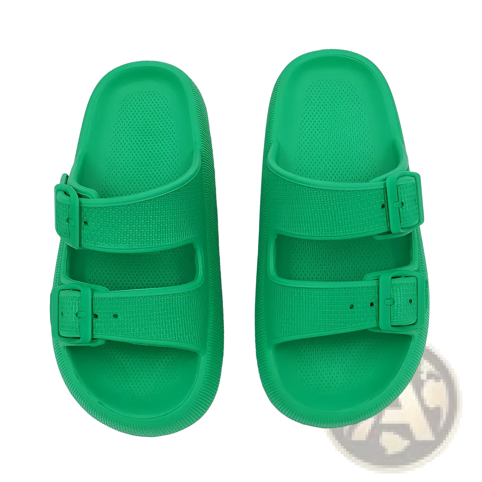 Bright green eva platform buckle sandals with breathable thick textured rubber sole and adjustable two-strap closures
