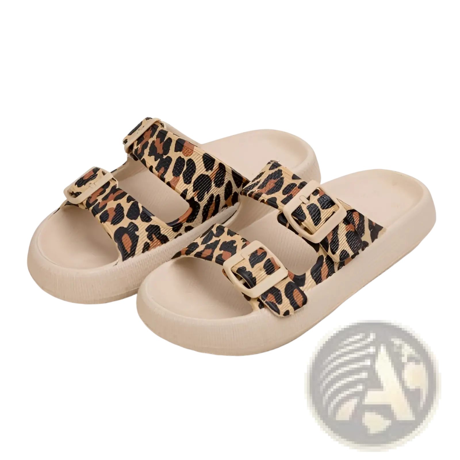 Beige leopard-print eva platform buckle sandals with breathable thick sole and two adjustable buckle straps