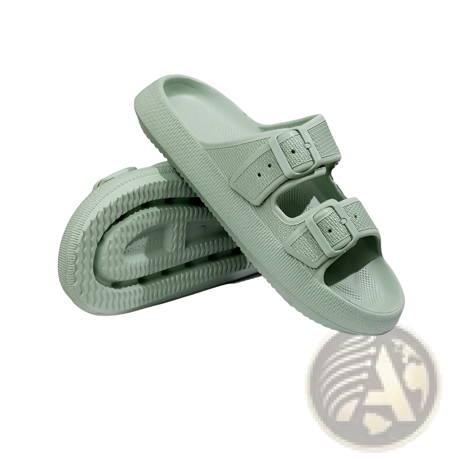 Light green eva platform buckle sandals with breathable two-strap design and textured thick rubber sole slippers