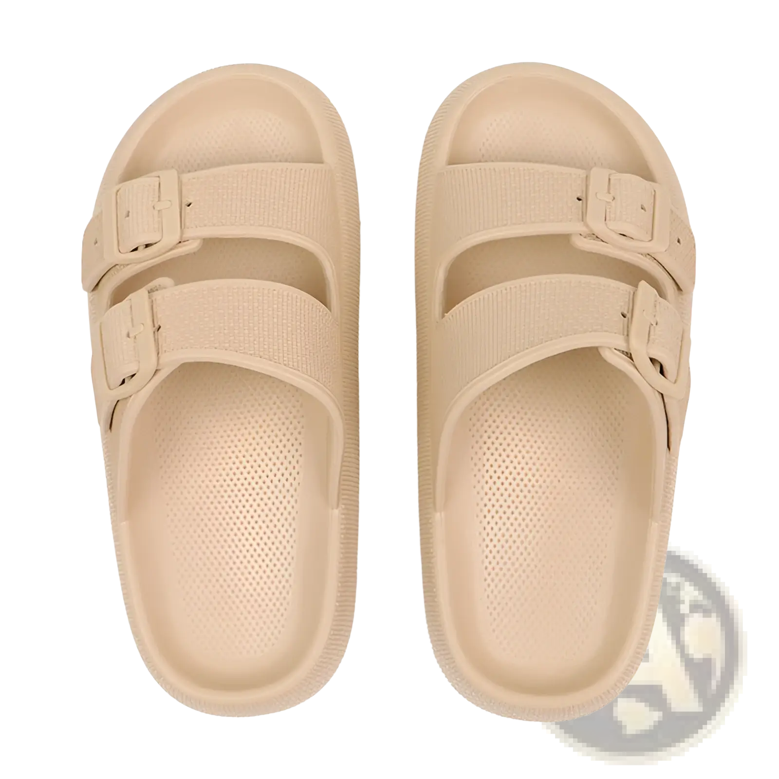 Beige eva platform rubber sandals with two adjustable buckle straps and breathable thick textured sole slippers