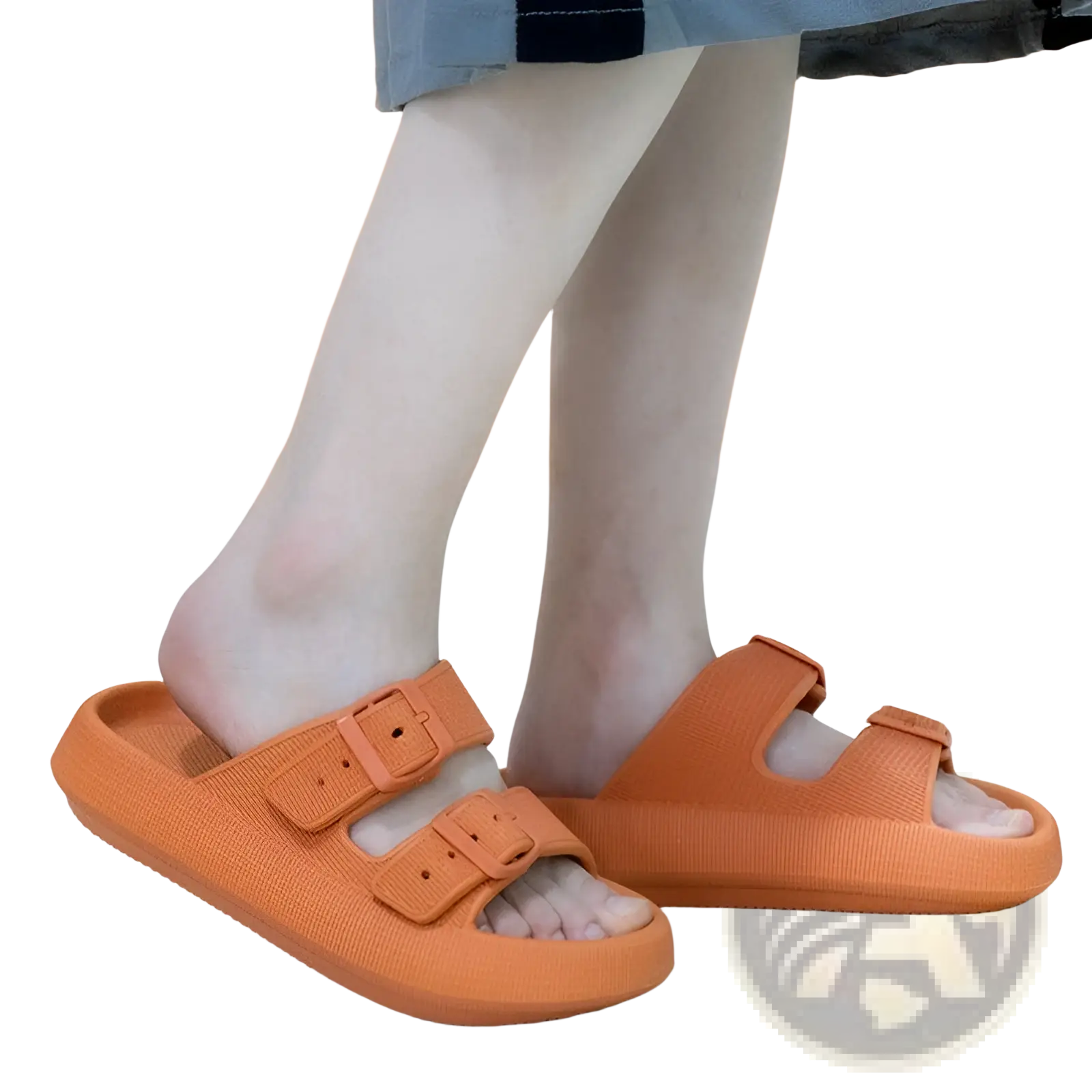 Orange eva platform rubber sandals with two adjustable buckle straps and breathable thick sole slippers