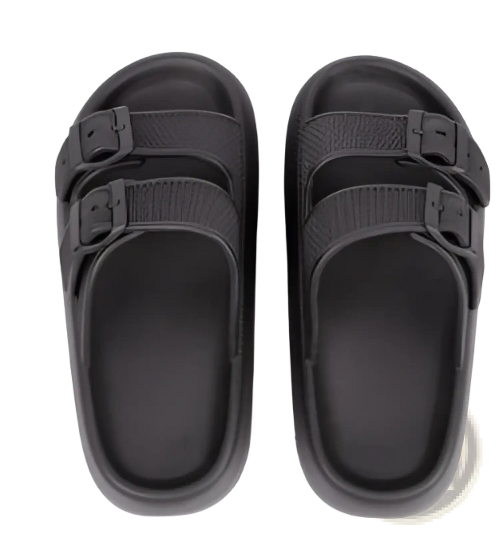 Light khaki eva platform buckle sandals with two adjustable strap buckles and breathable thick rubber sole slippers