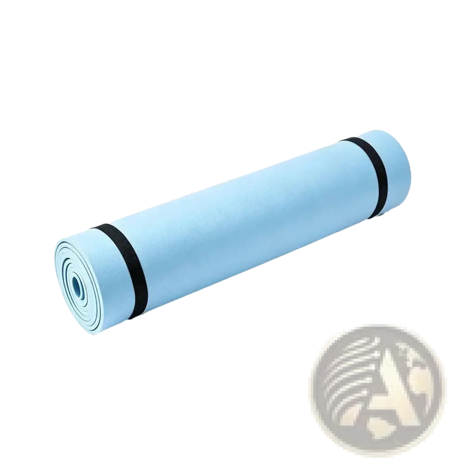 Eva portable fitness yoga mat in light blue eva material rolled and secured with black straps for easy transport