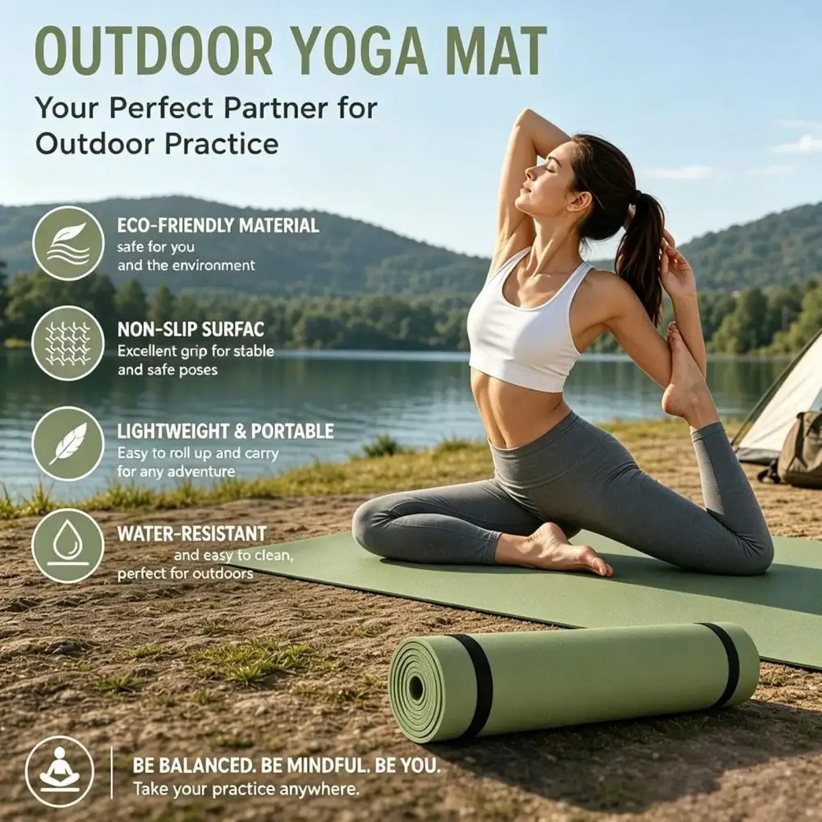 Eva portable fitness yoga mat in green with black rolled edges designed for eco-friendly non-slip outdoor use